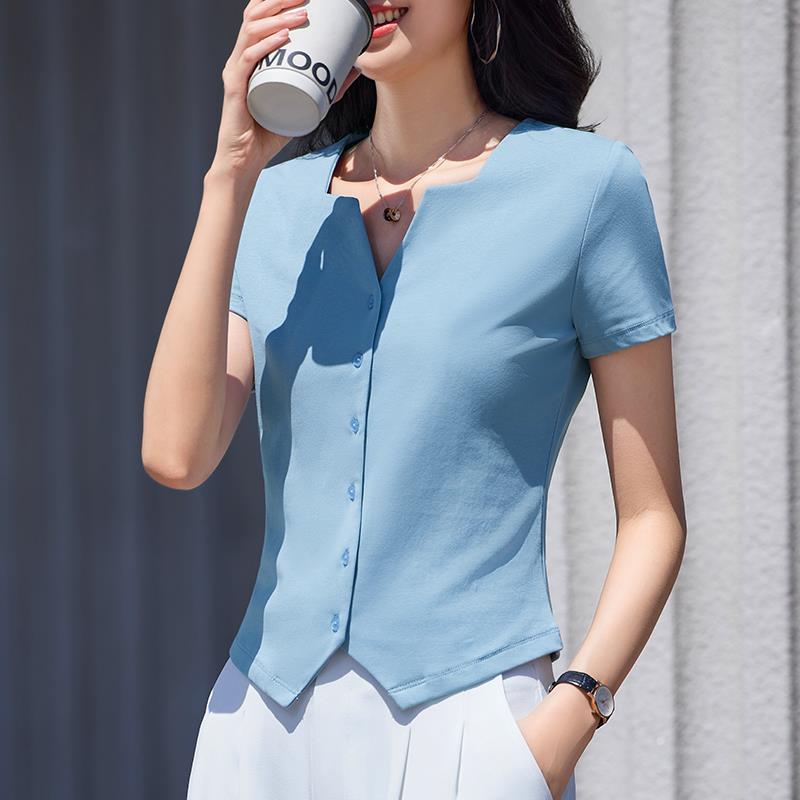 纯棉正肩V领t恤女短袖2024新款设计感纽扣开衫体恤半袖修身上衣夏