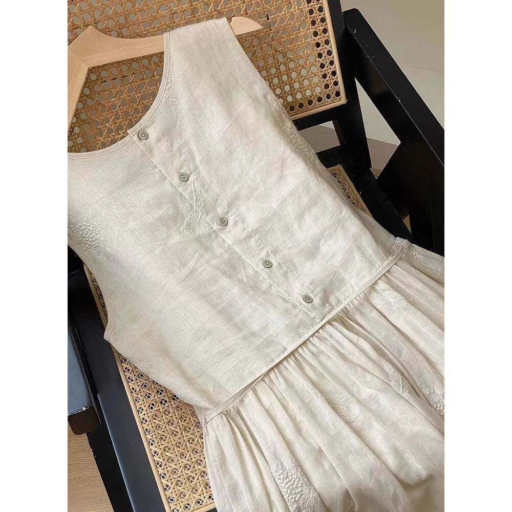 棉麻背心连衣裙女夏季新款高端亚麻料女士休闲宽松无袖吊带中长裙