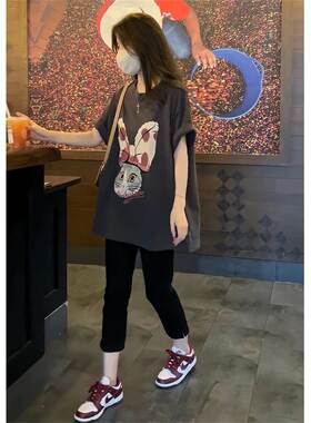 专柜灰色卡通印花短袖T恤女夏季2025新款时尚百搭中长款显瘦上衣