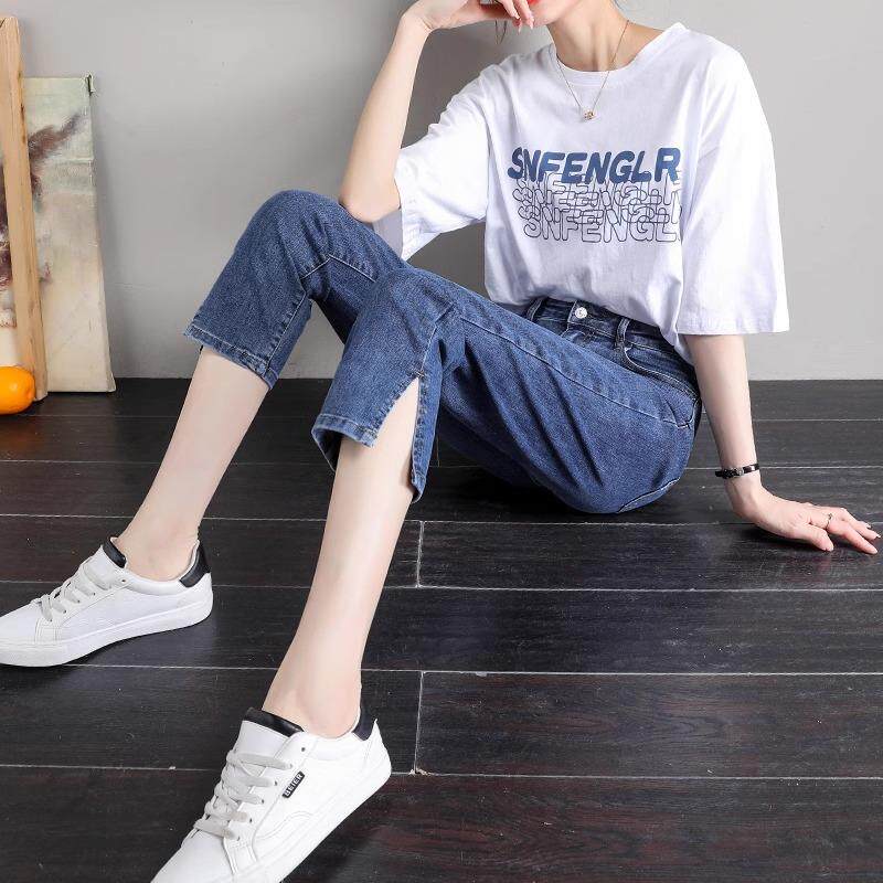 开叉七分牛仔裤女夏薄款2024新款高腰显瘦小个子九分直筒烟管裤子