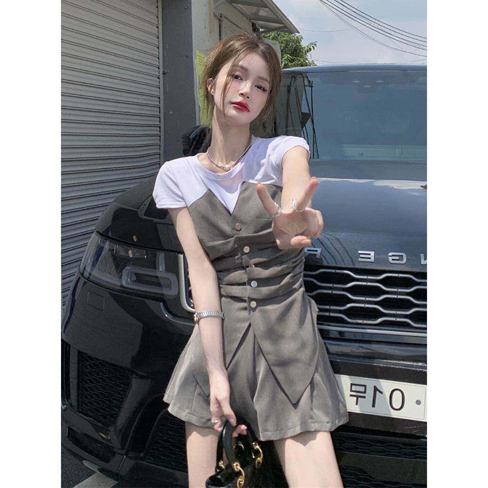 《现货》假两件西装短裤两件套盐系御姐小香风减龄小洋装女套装夏