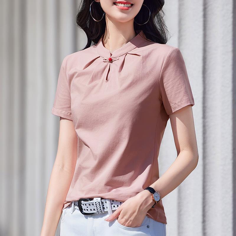 立领盘扣短袖t恤女上衣2025夏季新款国风新中式纯棉半袖正肩T恤