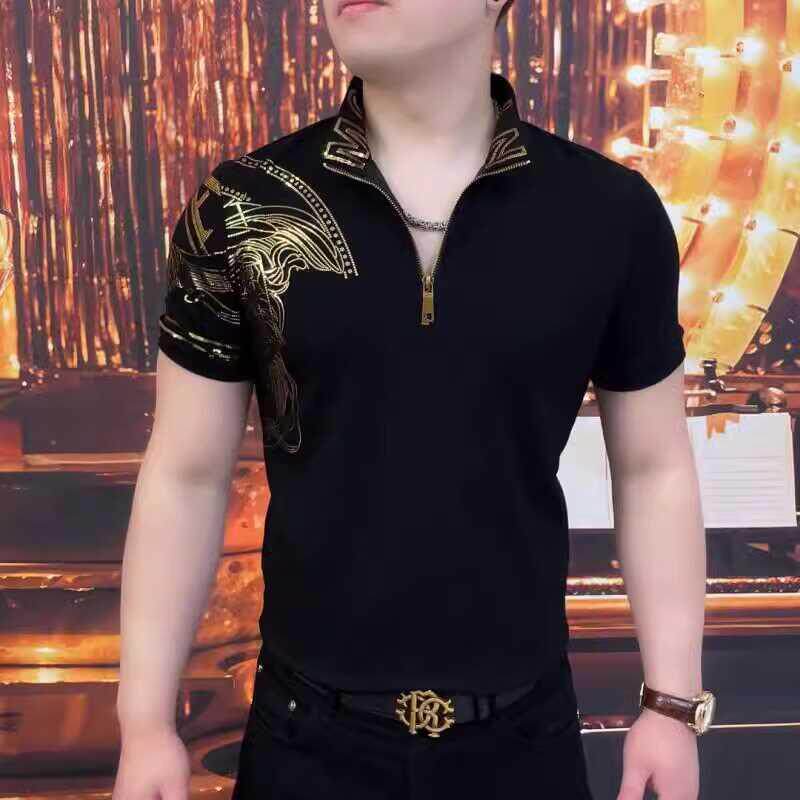 新款时尚百搭印花T恤立领短袖夏季潮流修身高级感休闲男士polo衫