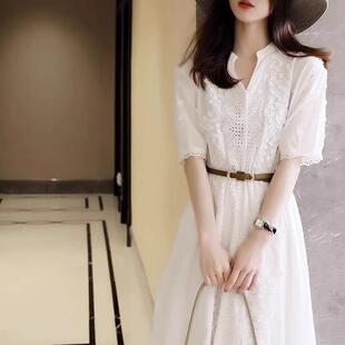 欧洲站2025年夏装新款白色减龄蕾丝拼接超仙的长裙韩版文艺连衣裙