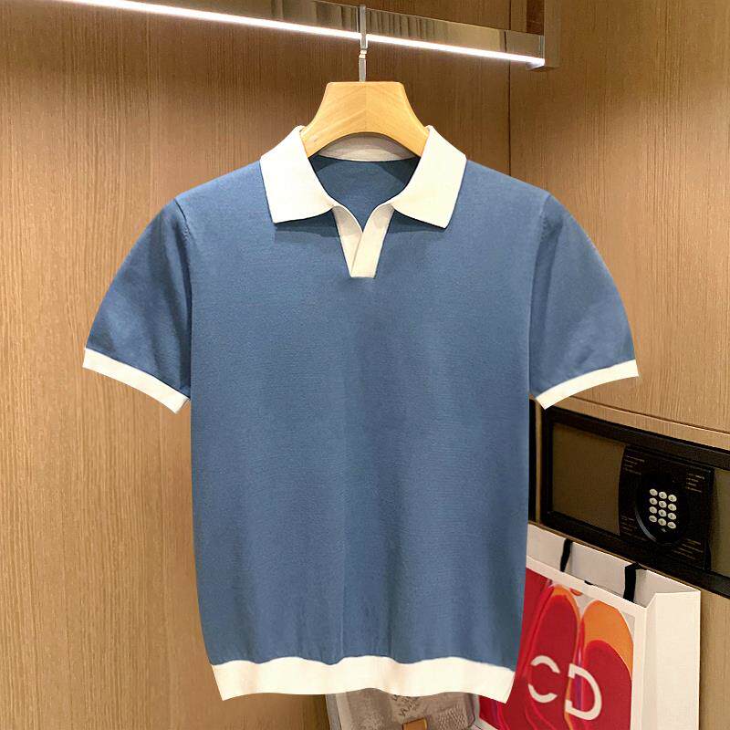 时尚潮牌夏季薄款透气休闲个性针织polo衫男撞色翻领修身短袖t恤