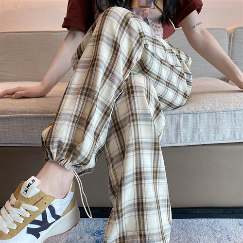 冰丝格子裤女夏季薄款2023新款宽松高腰显瘦束脚防蚊休闲运动裤子