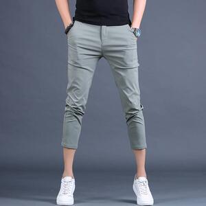 男士绿色休闲裤男夏季薄款潮牌韩版修身小脚八分裤子英伦商务西裤