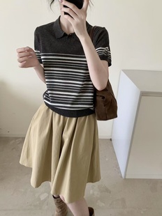 潮 欧货时尚 拼色条纹天丝亚麻Polo领短袖 上衣女夏季 宽松显瘦针织衫