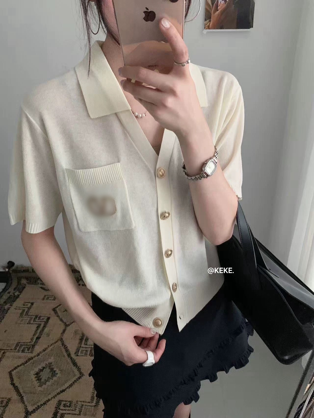 天丝亚麻polo领短袖单排扣针织衫