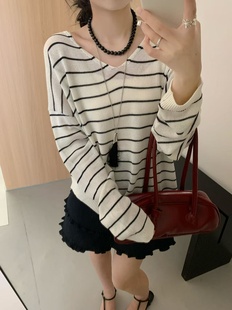 简约百搭罩衫 早秋新款 针织上衣女韩版 天丝亚麻V领宽松时尚 潮 长袖