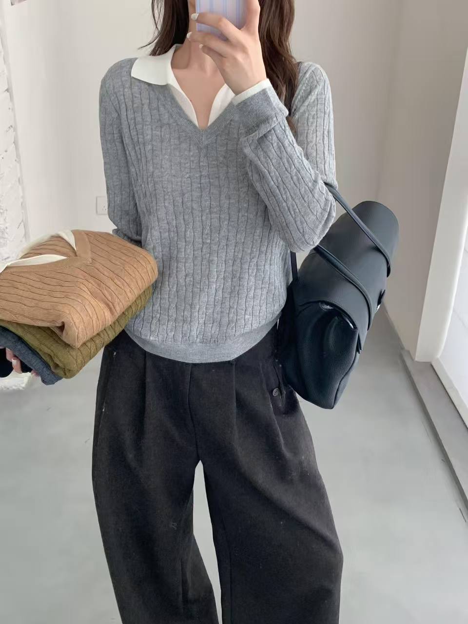 韩系亚麻羊毛撞色假两件针织上衣女复古麻花纹理Polo翻领软糯毛衣