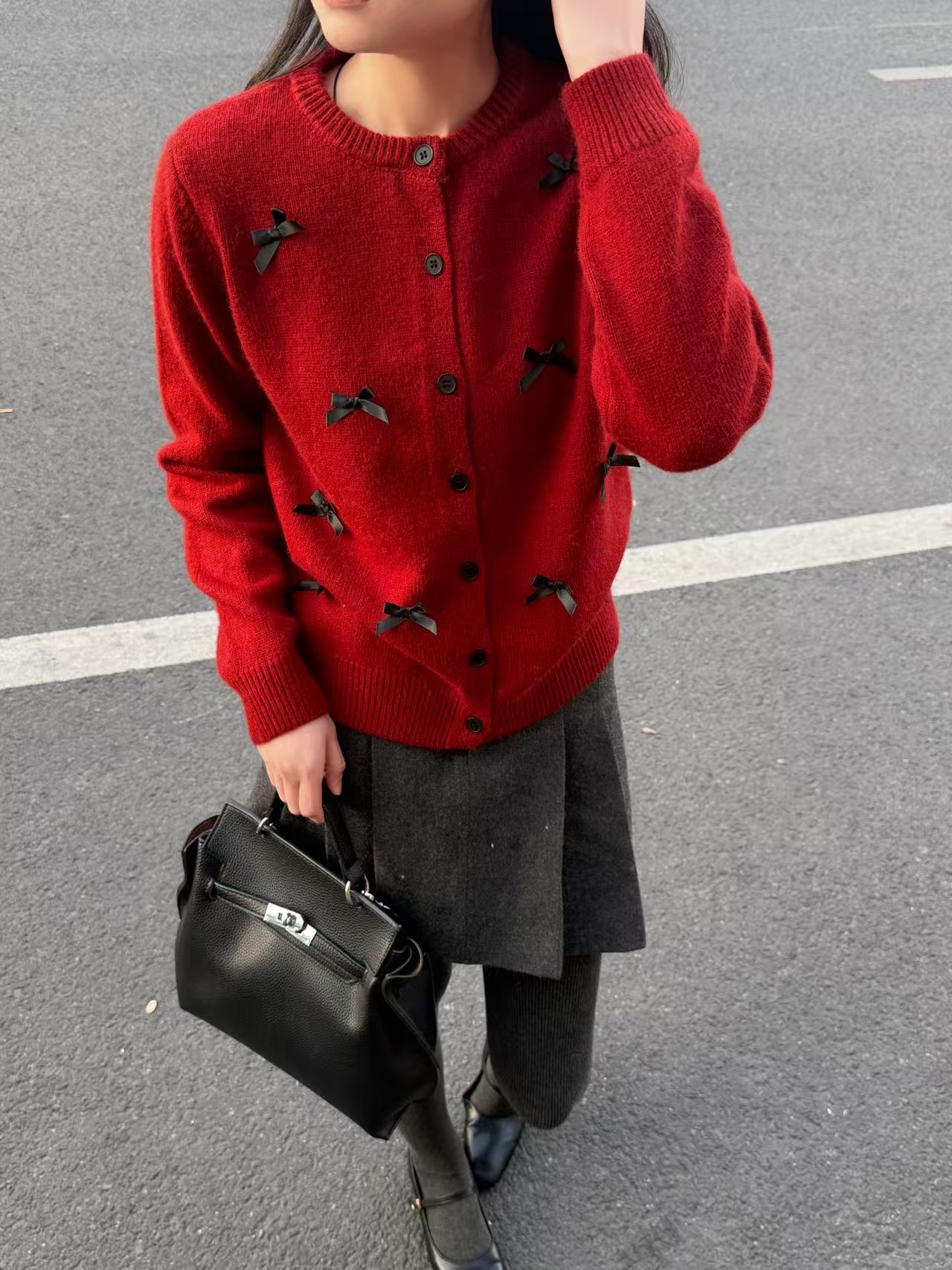 欧韩时尚羊毛蝴蝶结圆领针织开衫