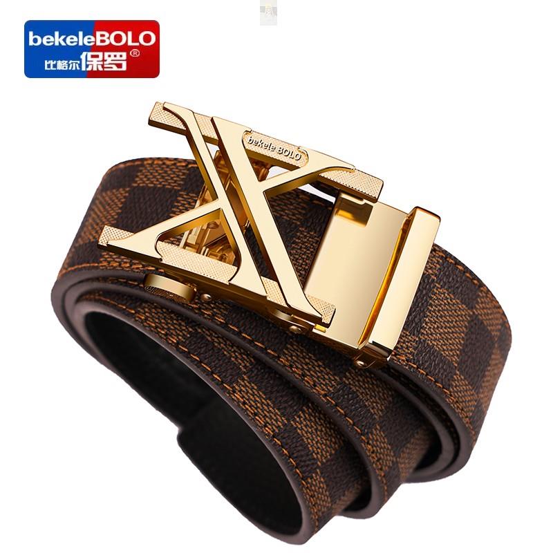 比格尔保罗自动扣皮带男士中青年商务休闲牛皮经典网格纹裤腰带潮