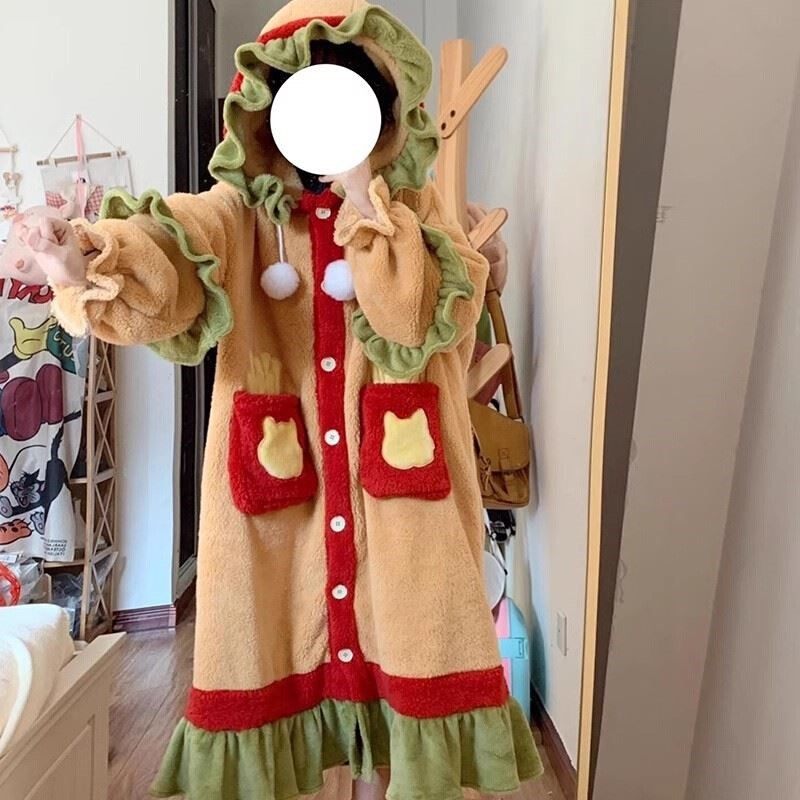 汉堡睡衣吃堡堡加厚大码睡袍珊瑚绒保暖可爱包衣闺蜜装睡裙冬季