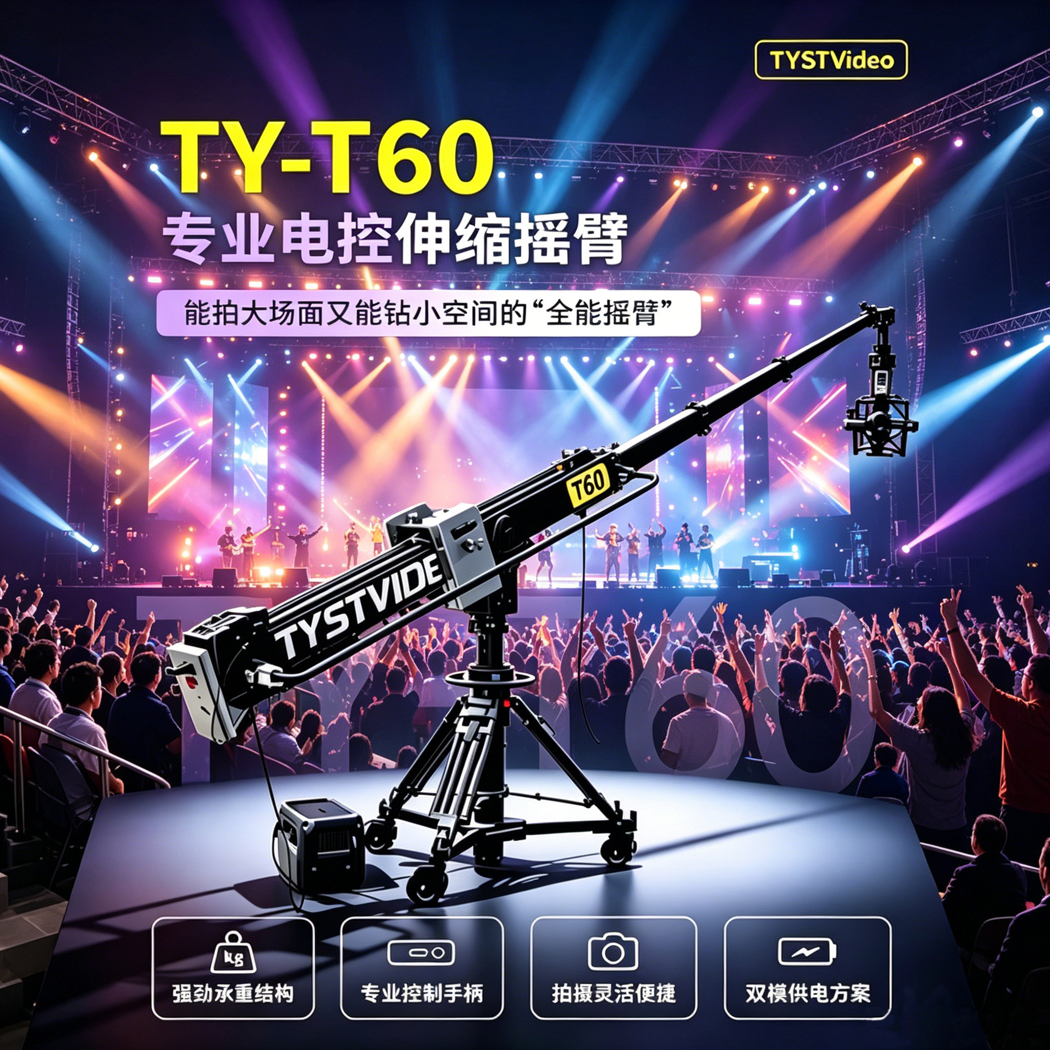 天影电动摇臂2.5-6米直播摄像远程控速晚会活动拍摄伸缩炮6米
