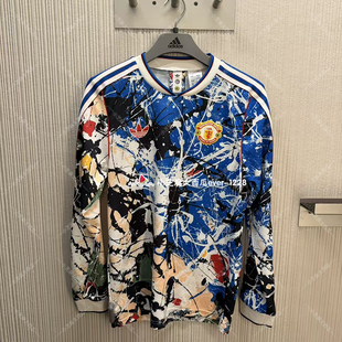 adidas三叶草曼联x石玫瑰联名男子足球休闲文化长袖V领球衣KC4442