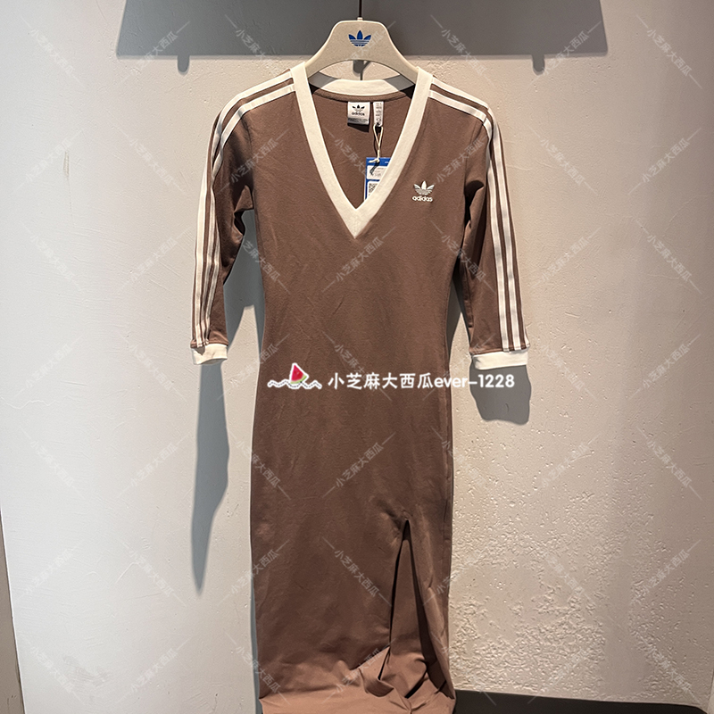 adidas三叶草V领连身裙复古长裙