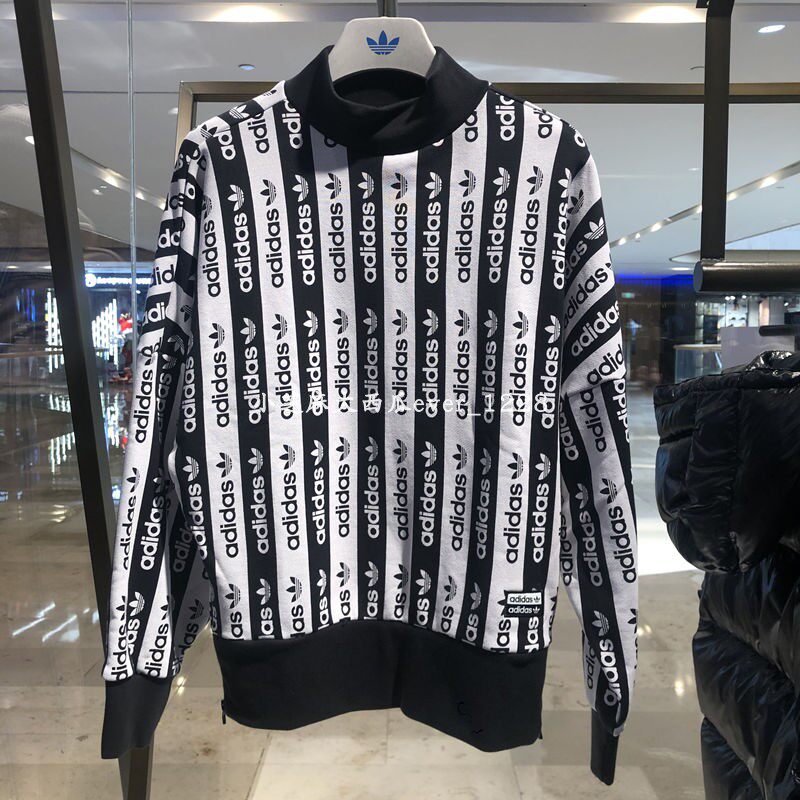 adidas三叶草专柜正品镜像黑白双色logo织带全印花复古卫衣fu1728