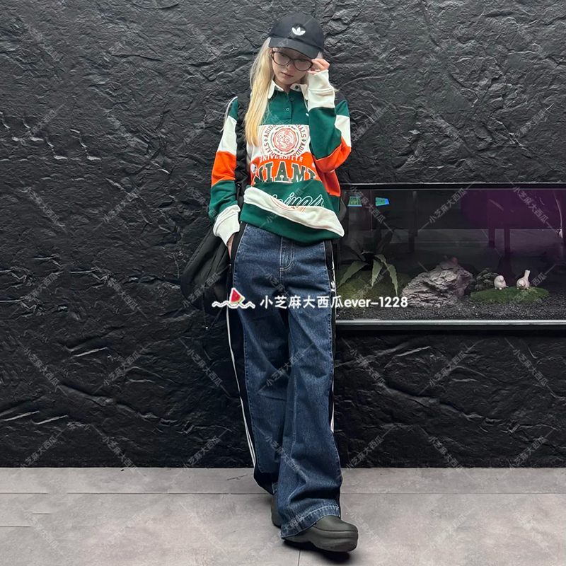 adidas三叶草牛仔宽松运动裤