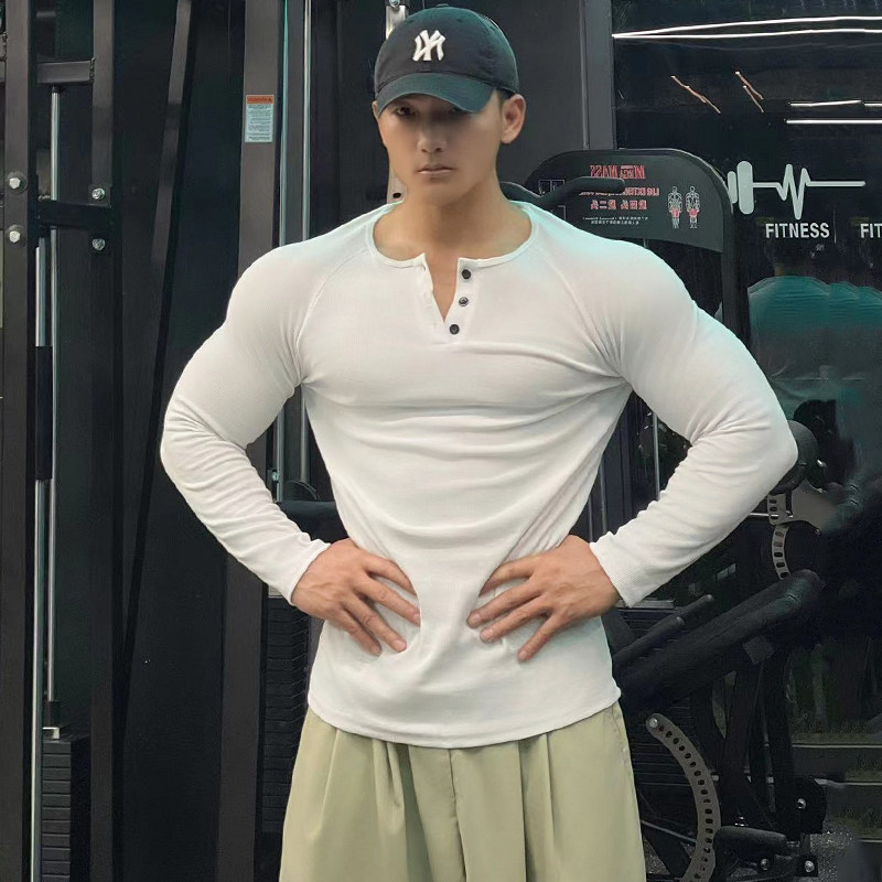 美式重磅长袖亨利衫粗螺纹弹力修身复古跑步训练篮球运动健身t恤,运动服/休闲服装,健身衣,淘宝优惠券,粉丝福利购,淘宝优惠卷