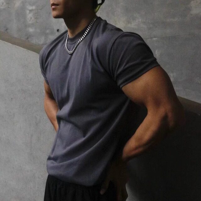 短袖t恤男士运动收袖口显大夏季美式棉质休闲训练跑步健身衣宽松