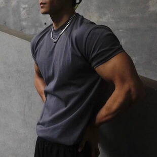 美式 短袖 口显大夏季 运动收袖 棉质休闲训练跑步健身衣宽松 t恤男士