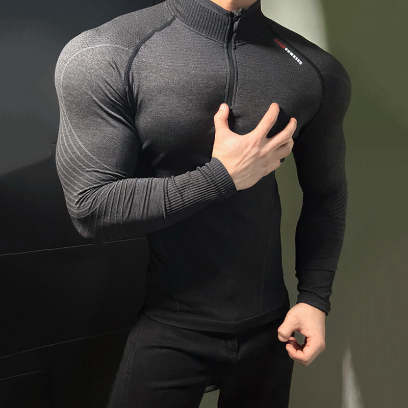 春秋新款运动长袖男半拉链紧身无缝提花速干显大训练篮球健身衣服