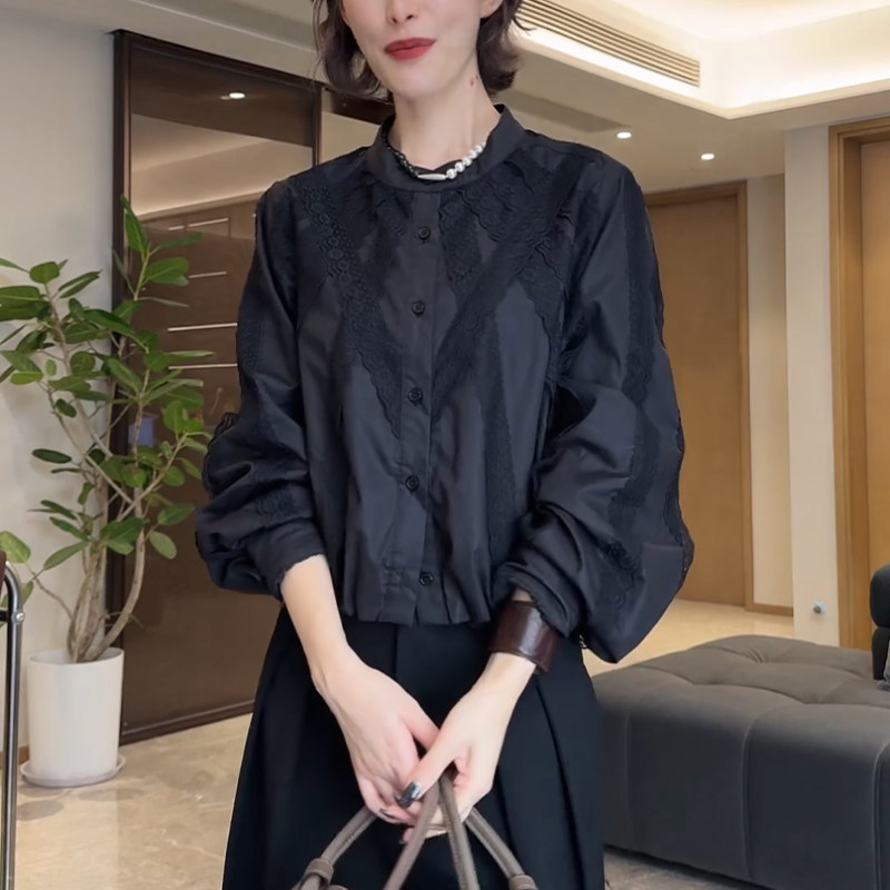 法式拼接蕾丝长袖衬衫女