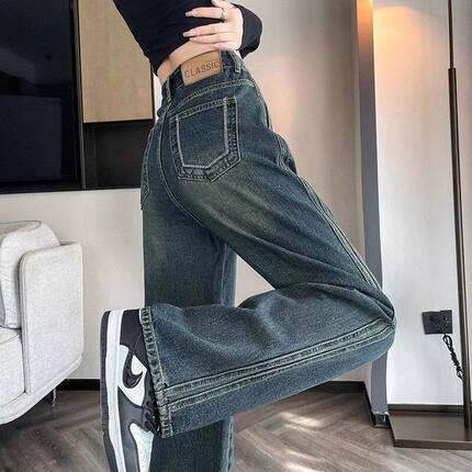 新款直筒长裤小个子拖地窄春秋女阔腿牛仔裤版高腰复古显瘦女休闲