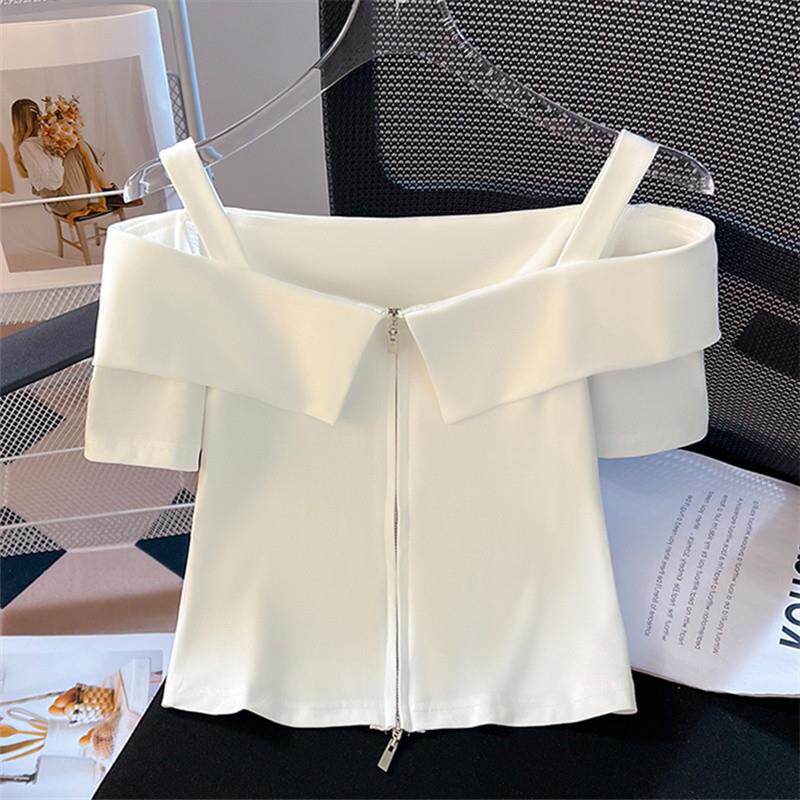 广州十三行爆款女装洋气质一字领露肩短袖T恤夏季假两件吊带上衣