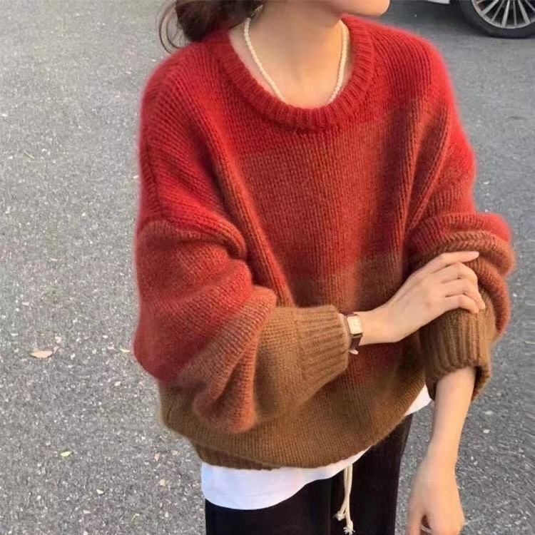 秋冬季慵懒风撞色圆领韩版新款时尚毛衣宽松显瘦减龄百搭针织衫女