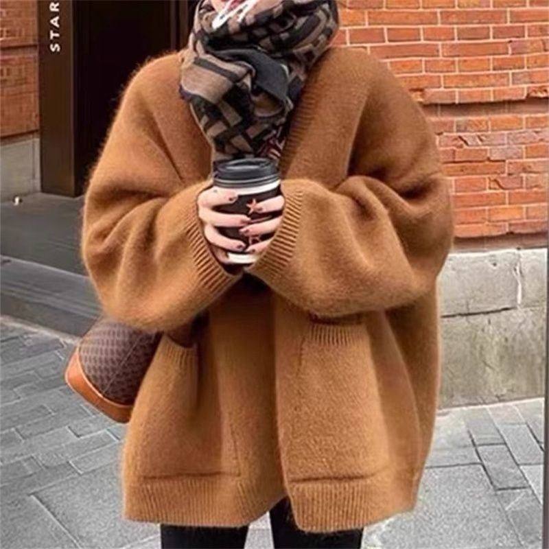 韩版慵懒风宽松加厚仿水貂绒针织开衫毛衣外套女秋冬软糯外搭上衣