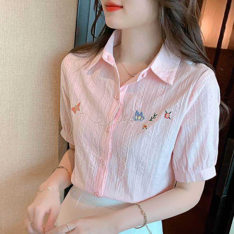 2025年夏装新款时尚刺绣纯棉衬衣女短袖减龄全棉衬衫女士洋气上衣