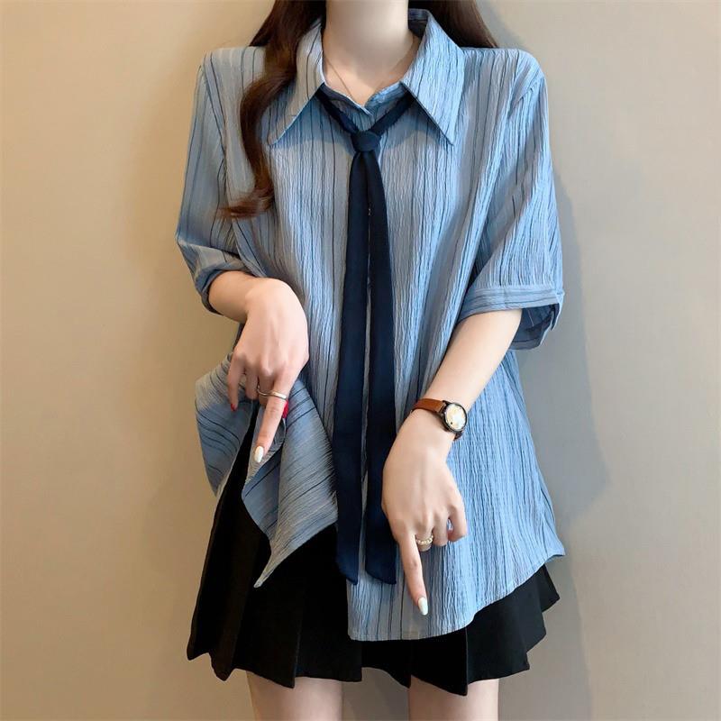 浅蓝色条纹正肩衬衫带领带女2025春夏新款大码胖mm韩系学院风上衣