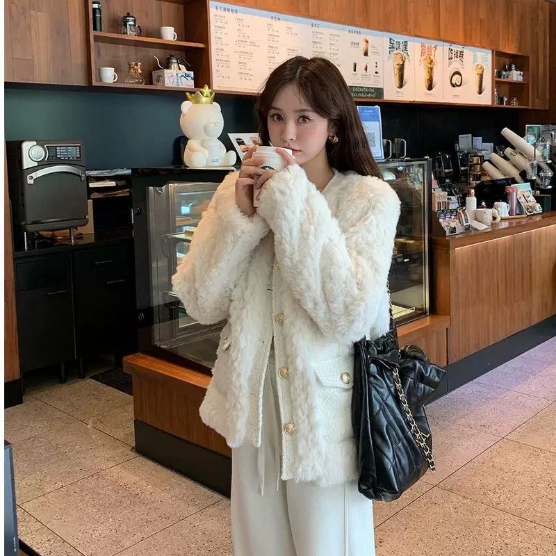 小香风毛毛外套女高级感2025春款羊羔绒设计感气质棉服秋韩系上衣