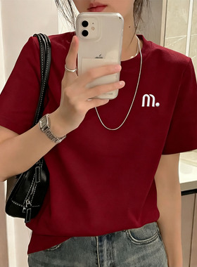 2纯棉刺绣字母mT恤女短袖红色正肩短袖t恤马t恤圆领洋气抗起球