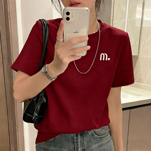 纯棉刺绣字母mT恤女短袖 t恤马t恤圆领洋气抗起球 红色正肩短袖