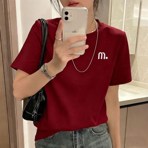 2纯棉刺绣字母mT恤女短袖红色正肩短袖t恤马t恤圆领洋气抗起球
