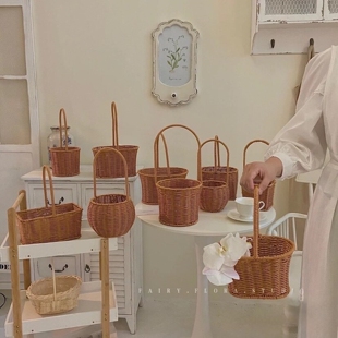 竹篮子手提篮花篮插花花艺鲜花田园仿藤竹编婚礼拍照摆件藤编篮子