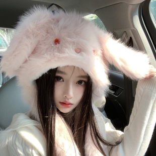可爱兔子帽子耳朵会动毛绒帽女冬季加厚毛绒绒防寒套头帽百搭保暖