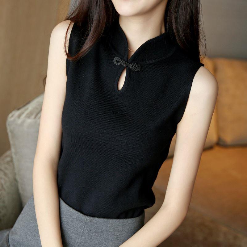 春夏旗袍领无袖短款T恤衫女外穿修身针织背心复古盘扣套头上衣薄f|ruв категории Женская одежда, шерстяной свитер - от Buy2taobao.com для оказания профессиональной услуги покупки агента Taobao