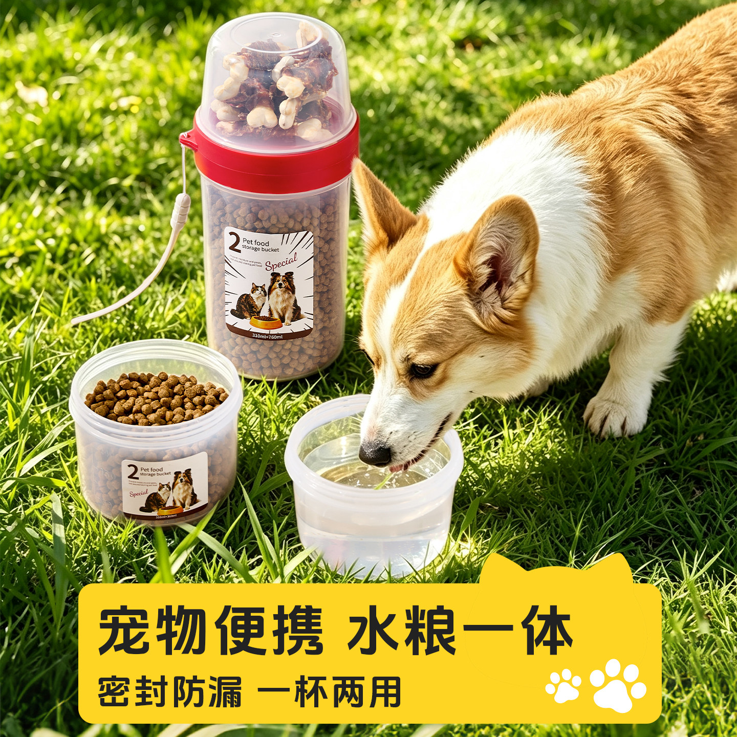 狗狗外出水杯便携双层喝水碗狗粮零食密封盒多用保鲜盒遛狗喝水壶