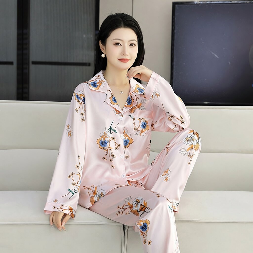 冰丝长袖女士睡衣两件套春秋款