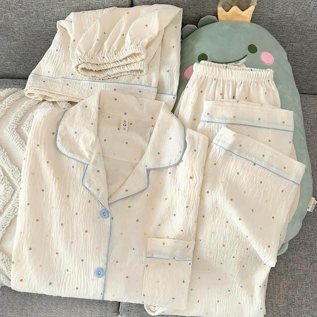 卡通波点纯棉纱布女夏短袖三件套