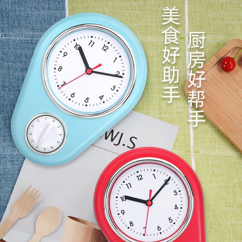厨房专用挂墙钟表奶黄色烘焙定时器创意家用装饰钟餐厅背景墙时钟