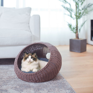 跨境新款手工仿藤编猫窝吊篮猫笼半封闭式保暖宠物垫狗窝猫屋别墅