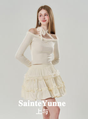 SainteYunne上与 秋季新款针织衫 温柔挂脖绑带一字领上衣SY303