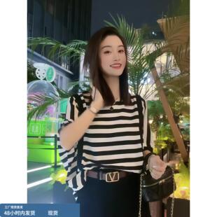 韩版条纹短袖T恤女款宽松蝙蝠袖吸湿排汗通勤风夏季穿搭