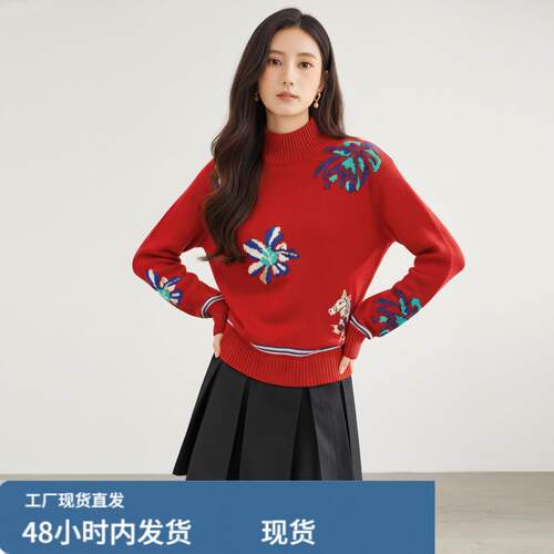 秋冬重工刺绣花朵高领针织衫女新年氛围红色本命年宽松套头毛衣