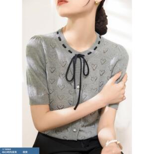 夏季新款圆领绑带镂空设计针织开衫莱赛尔薄款打底衫女款短袖上衣